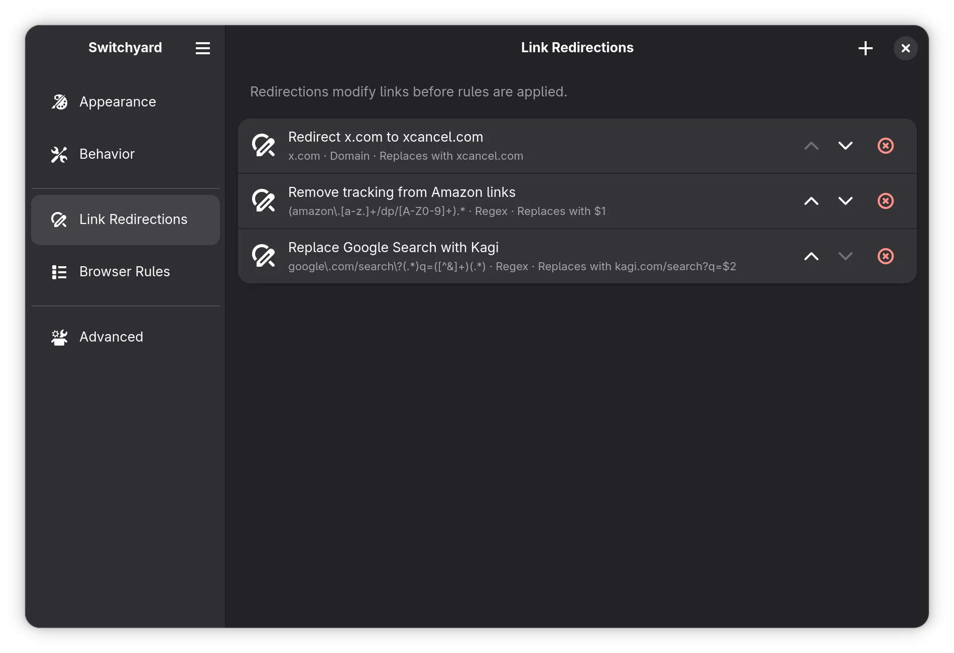Link redirections panel